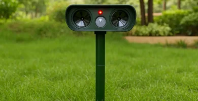 Ahuyentador de palomas electrónico de color verde, fijado en el suelo y con una pequeña luz roja encendida, lo que da a entender que está en marcha, se encuentra en una zona con hierba, y de fondo, un camino y varios árboles