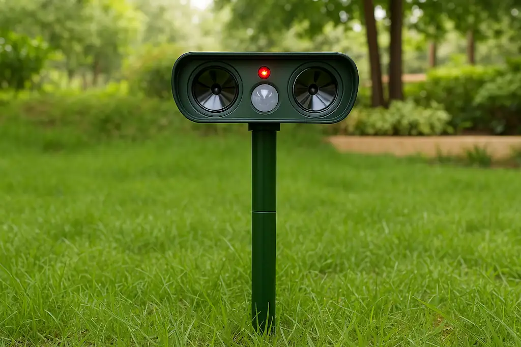 Ahuyentador de palomas electrónico de color verde, fijado en el suelo y con una pequeña luz roja encendida, lo que da a entender que está en marcha, se encuentra en una zona con hierba, y de fondo, un camino y varios árboles