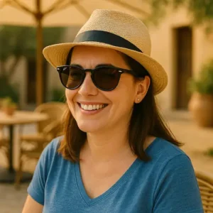 Foto de perfil de una chica que se llama Ana R. y es de Sevilla, está sentada en una bonita terraza de algún bar o cafetería, el ambiente es cálido y agradable, cuenta su experiencia con una figura de un búho para espantar palomas