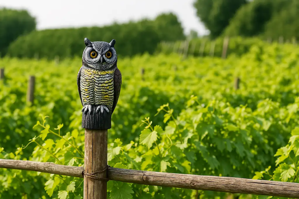 Figura de un búho para ahuyentar palomas colocada en una valla de madera en el campo, muchas plantas de color verde claro, y de fondo, árboles
