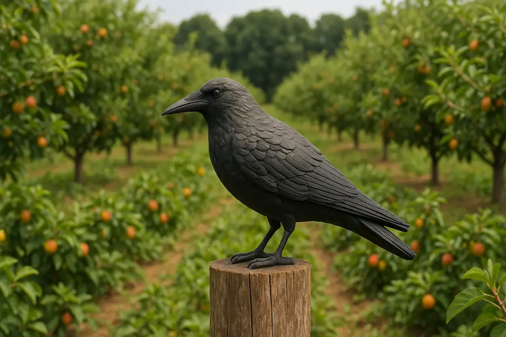 Cuervo de plástico para espantar palomas y otros pájaros, está colocado en la parte superior de un palo vertical, posando de forma natural como si fuera de verdad, se encuentra rodeado de árboles frutales