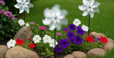 Tres molinillos de viento que giran y funcionan como espantapájaros con movimiento en un bonito jardín con flores de colores rodeadas por unas piedras, y de fondo, césped