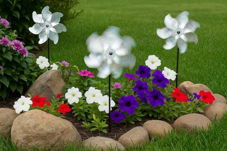 Tres molinillos de viento que giran y funcionan como espantapájaros con movimiento en un bonito jardín con flores de colores rodeadas por unas piedras, y de fondo, césped