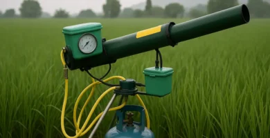 Espantapájaros de gas butano en forma de cañón, es de color verde, está fijado en un trípode y también tiene una bombona conectada con tubos, se encuentra en medio de una gran plantación agrícola con plantas verdes, algunos árboles muy al fondo y el cielo gris, da la impresión que va a llover