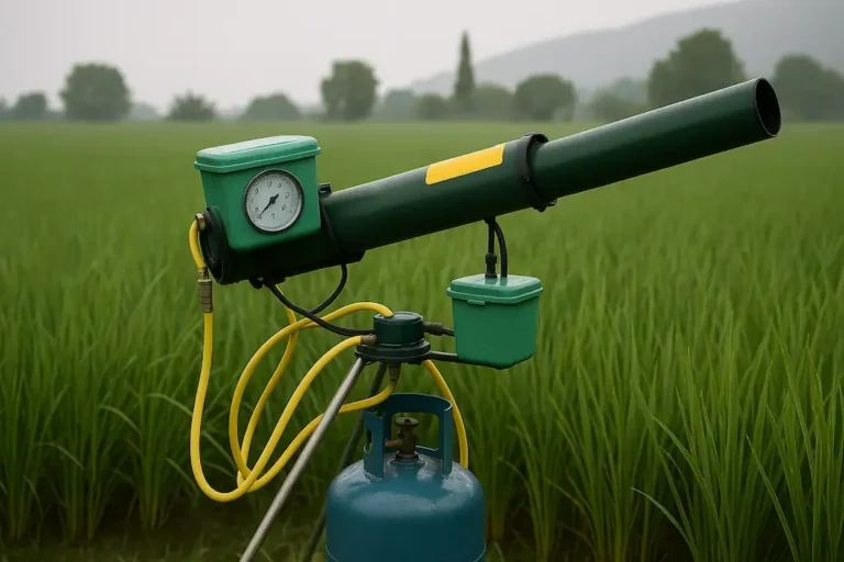 Espantapájaros de gas butano en forma de cañón, es de color verde, está fijado en un trípode y también tiene una bombona conectada con tubos, se encuentra en medio de una gran plantación agrícola con plantas verdes, algunos árboles muy al fondo y el cielo gris, da la impresión que va a llover