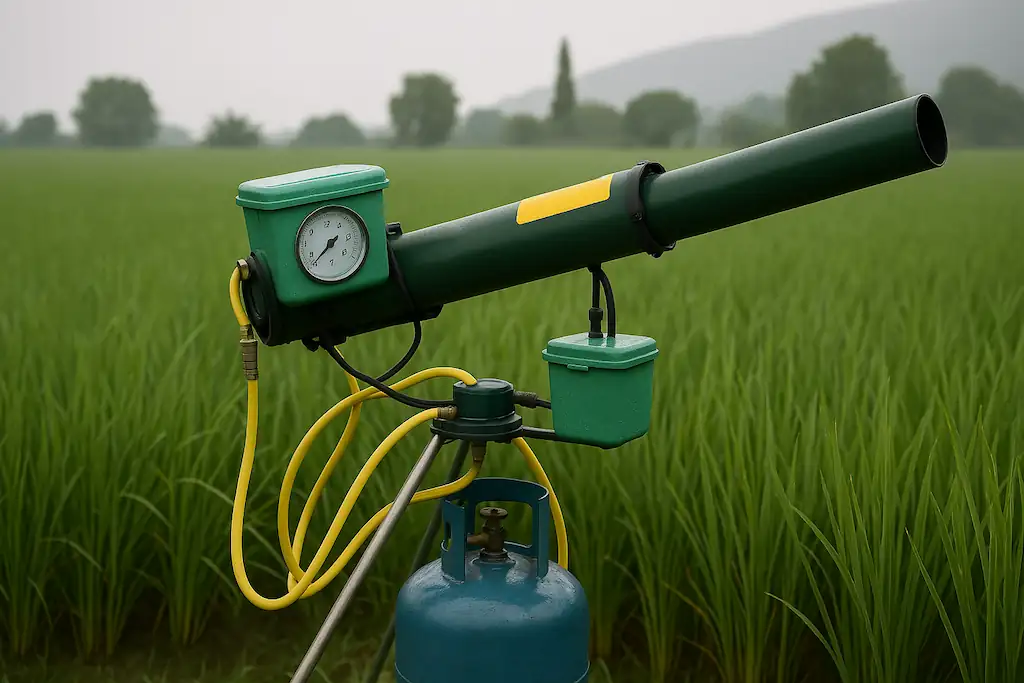 Espantapájaros de gas butano en forma de cañón, es de color verde, está fijado en un trípode y también tiene una bombona conectada con tubos, se encuentra en medio de una gran plantación agrícola con plantas verdes, algunos árboles muy al fondo y el cielo gris, da la impresión que va a llover
