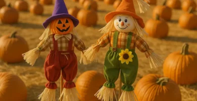 Un par de pequeños espantapájaros decorativos clavados al suelo con un palo en un campo lleno de calabazas