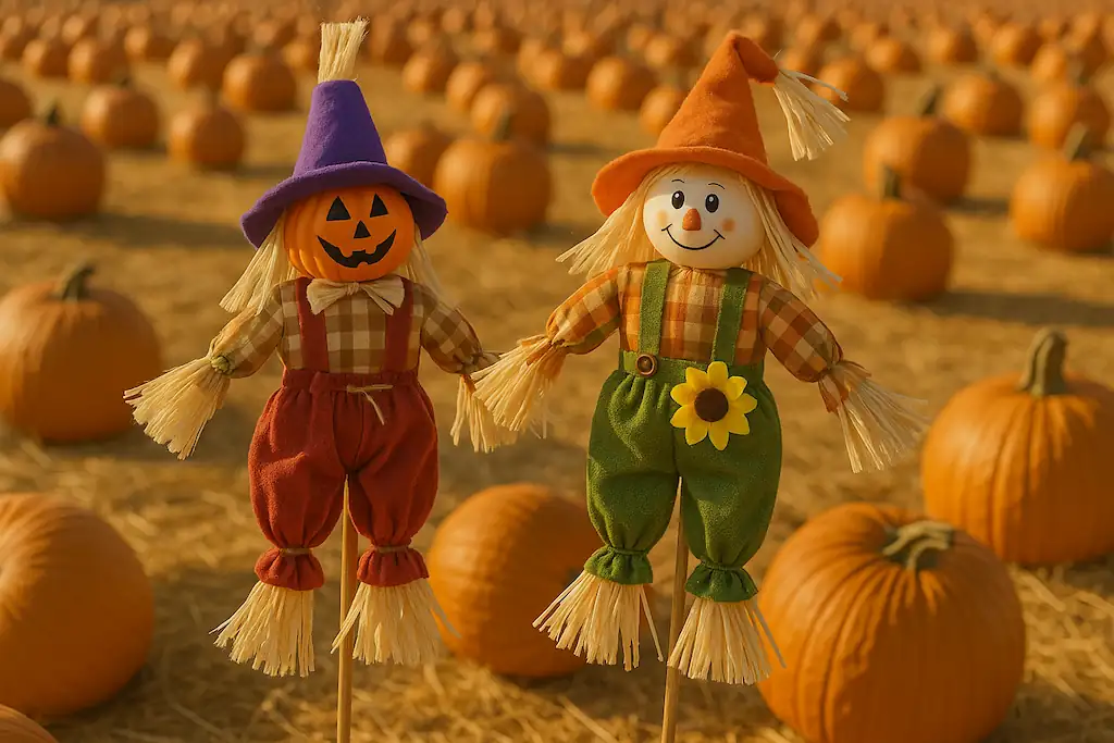 Un par de pequeños espantapájaros decorativos clavados al suelo con un palo en un campo lleno de calabazas