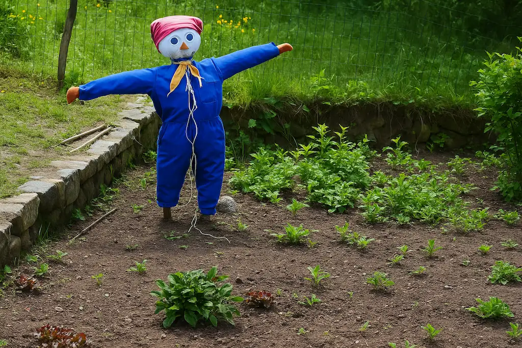 Espantapájaros en una huerta con verduras plantadas junto a un pequeño muro y de fondo una valla, dicho muñeco es artesanal y lleva un mono azul, la cabeza está hecha con una almohada blanca y lleva un pañuelo rojo como gorro