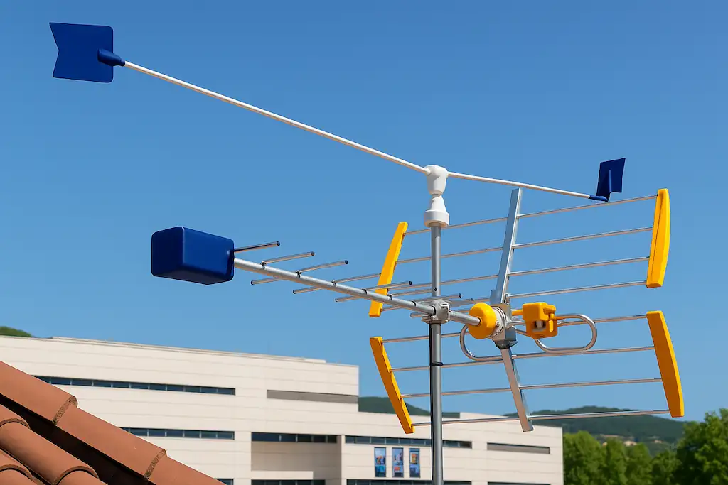 Tejado de una casa con un espantapájaros para antenas de tv junto a esta, se trata de un modelo de ahuyentador eólico que gira con el viento y evita que las palomas y otros pájaros se posen en la antena, de fondo un edificio moderno de color claro y el cielo azul