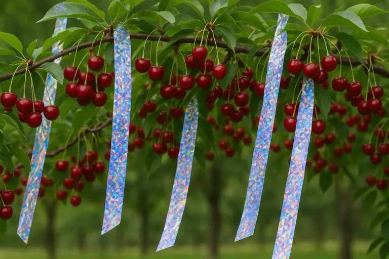 Rama de un cerezo con muchas cerezas maduras y numerosas cintas reflectantes colgadas que se utilizan como espantapájaros para árboles frutales