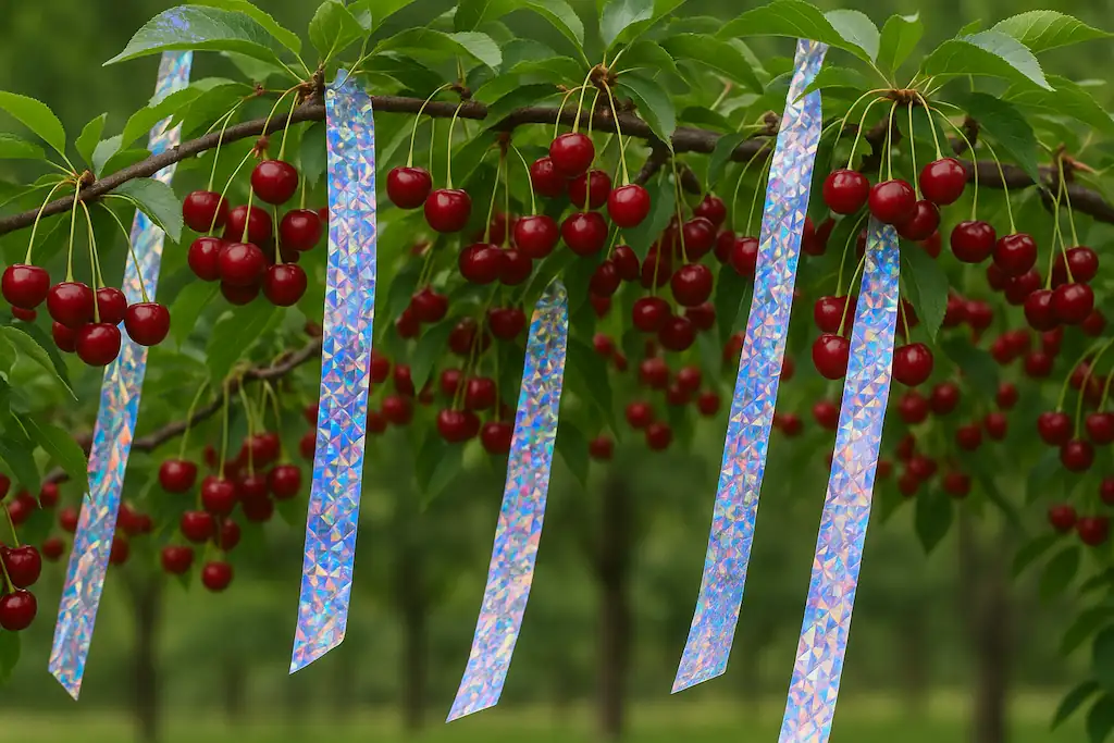 Rama de un cerezo con muchas cerezas maduras y numerosas cintas reflectantes colgadas que se utilizan como espantapájaros para árboles frutales