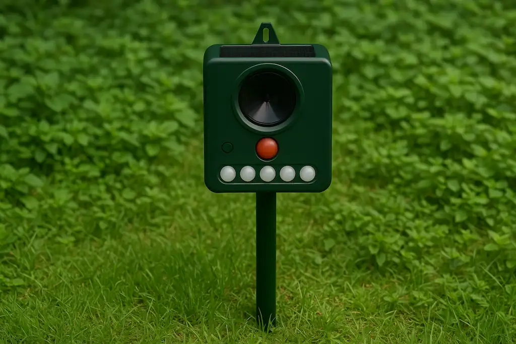Espantapájaros de jardín electrónico de color verde clavado en el suelo con su propia estaca y rodeado de césped y plantas en un ambiente verdoso saludable