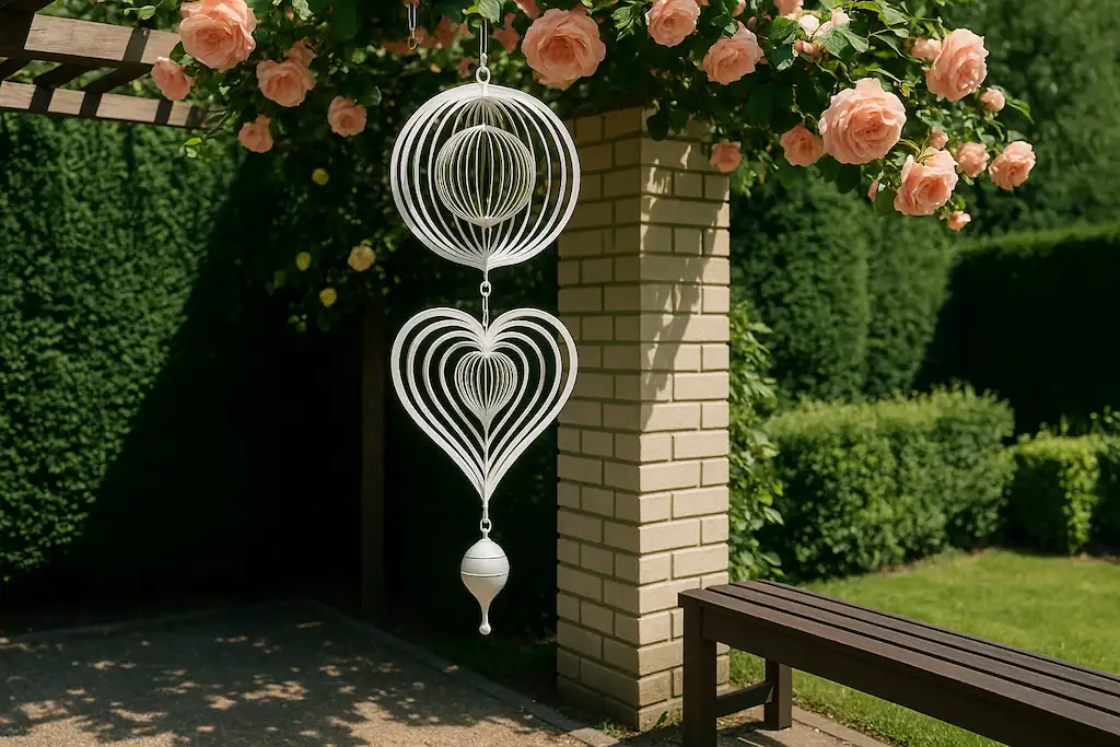 Espantapájaros para terraza en forma de corazones y bolas metálicas móviles y giratorias unidas por eslabones de cadena, de manera vertical, en una terraza con pérbola y de fondo el jardín