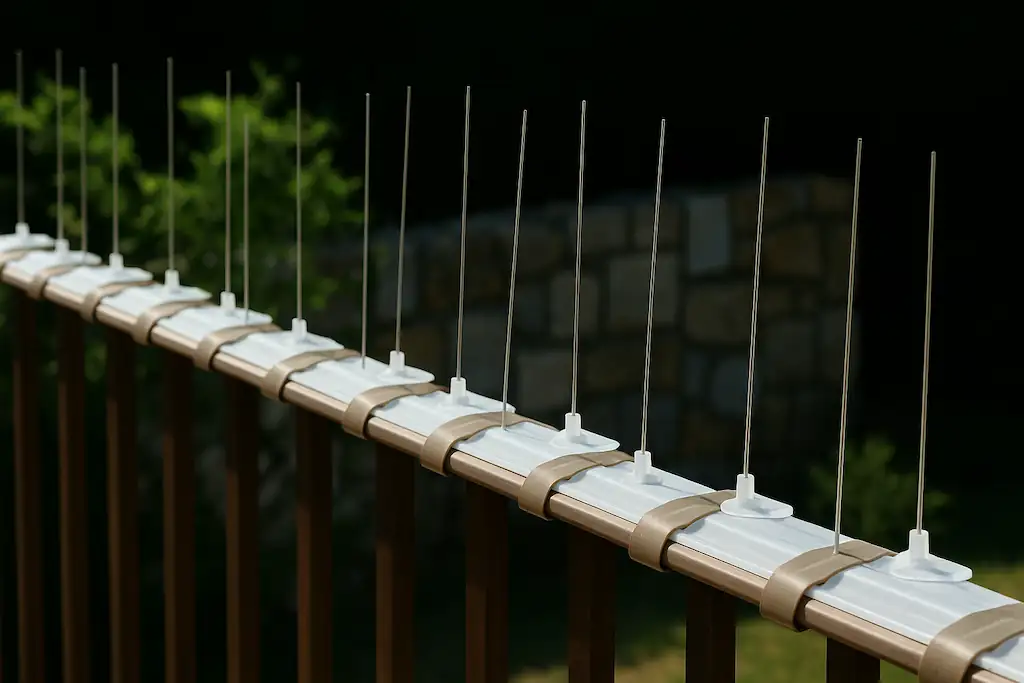 Primer plano de un espantapalomas para balcones que consiste en una hilera de puas contra palomas, fijadas con bridas encima de la barandilla metálica, de fondo un patio sombrío
