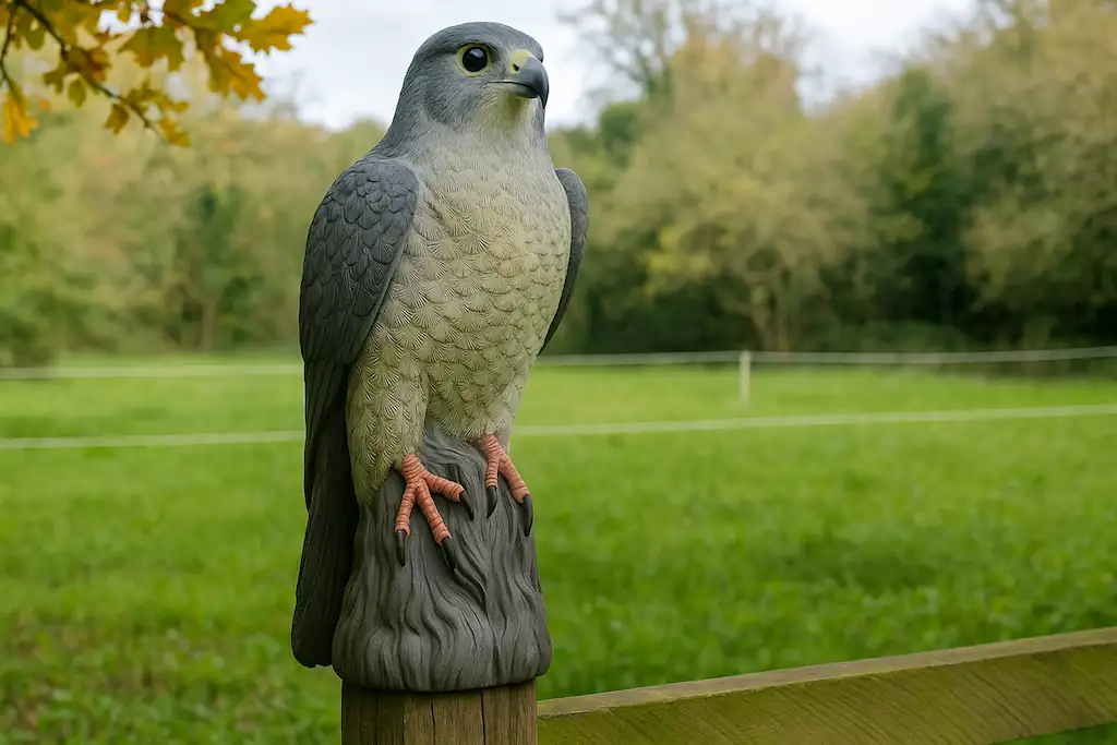 Figura de un halcón espantapájaros colocada encima de una valla de madera en el campo para ahuyentar palomas, de fondo una zona verde con hierba y una arboleda