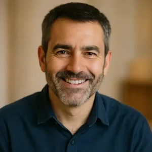 Foto de perfil de un hombre de mediana edad llamado Carlos S. se encuentra en su casa en Valencia, está sonriendo y viste una camisa azul oscuro informal, cuenta lo bien que le ha ido con un ahuyentador de palomas ultrasónico