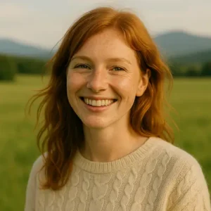 Foto de perfil de una chica pelirroja joven de unos 30 años sonriendo con un jersey de punto de color claro y de fondo un paisaje de las afueras de la zona metropolitana de Barcelona