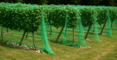 Malla antipájaros para árboles frutales de color verde cubriendo un campo con varias hileras de estos árboles para proteger sus frutos de los diferentes tipos de aves como palomas o gorriones que pueda haber