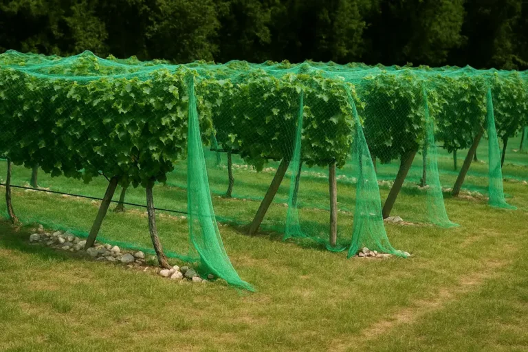 Malla antipájaros para árboles frutales de color verde cubriendo un campo con varias hileras de estos árboles para proteger sus frutos de los diferentes tipos de aves como palomas o gorriones que pueda haber