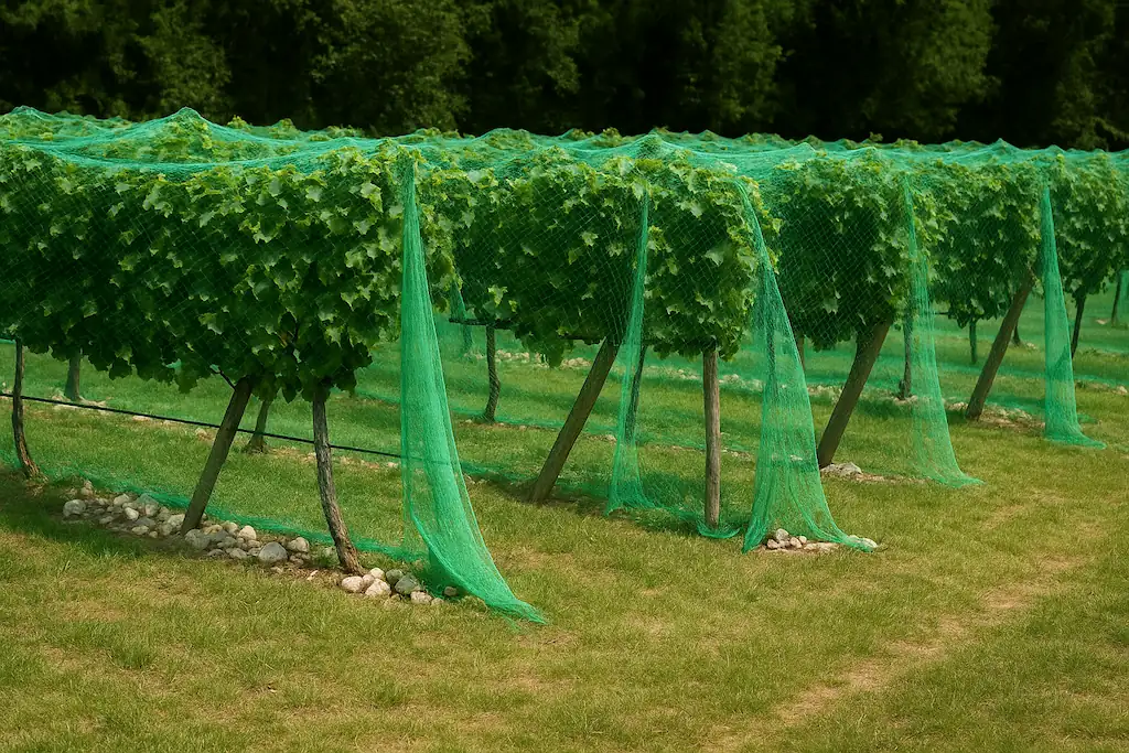 Malla antipájaros para árboles frutales de color verde cubriendo un campo con varias hileras de estos árboles para proteger sus frutos de los diferentes tipos de aves como palomas o gorriones que pueda haber