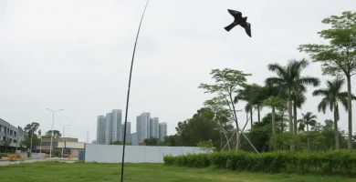 Pájaro espantapájaros atado con un hilo en una varilla vertical clavada al suelo, muy larga y flexible que le da movimiento, este ahuyentador en concreto tiene forma de ave rapaz para ahuyentar palomas, está en un descampado con hierba y de fondo palmeras y rascacielos
