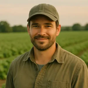 Foto de perfil de un agricultor de unos 37 años con barba corta y vestido con gorra y camisa de trabajo de color verde oliva, se encuentra en uno de sus campos de Zaragoza, cuenta su experiencia positiva con un ahuyentador de palomas solar