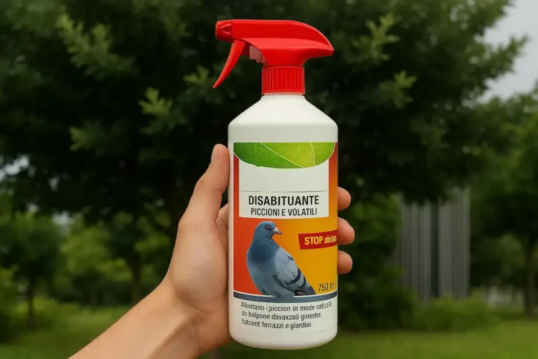 La mano izquierda de una persona sosteniendo una botella con gatillo pulverizador con una paloma en la etiqueta, da a entender que es uno de los muchos productos para ahuyentar palomas en formato líquido y/o químico que existen en el mercado, de fondo una zona ajardinada con arboles