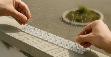 Las dos manos de una persona colocando unos pinchos para ahuyentar palomas encima del muro barandilla de su terraza, de fondo la calle con una rotonda