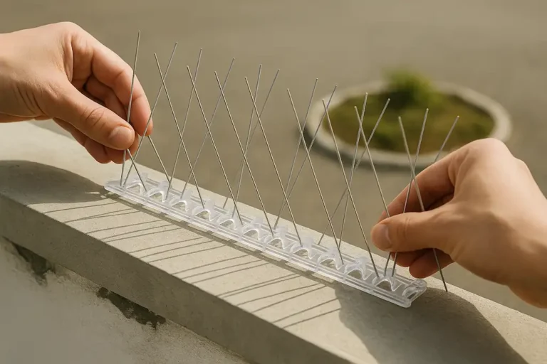 Las dos manos de una persona colocando unos pinchos para ahuyentar palomas encima del muro barandilla de su terraza, de fondo la calle con una rotonda