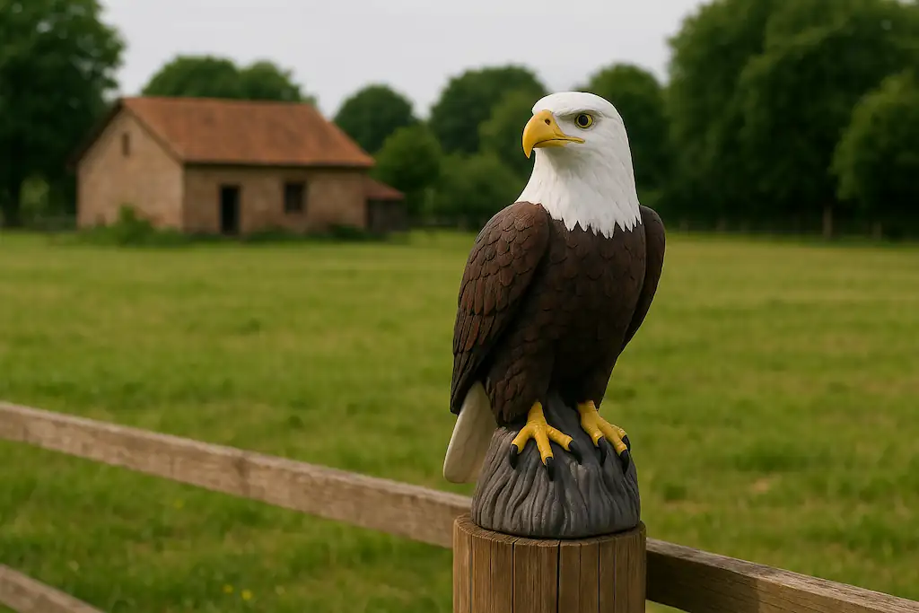 Figura de un águila espantapájaros colocada encima de una valla de madera en el campo para ahuyentar palomas, de fondo una casa rural y una zona verde con hierba y una arboleda